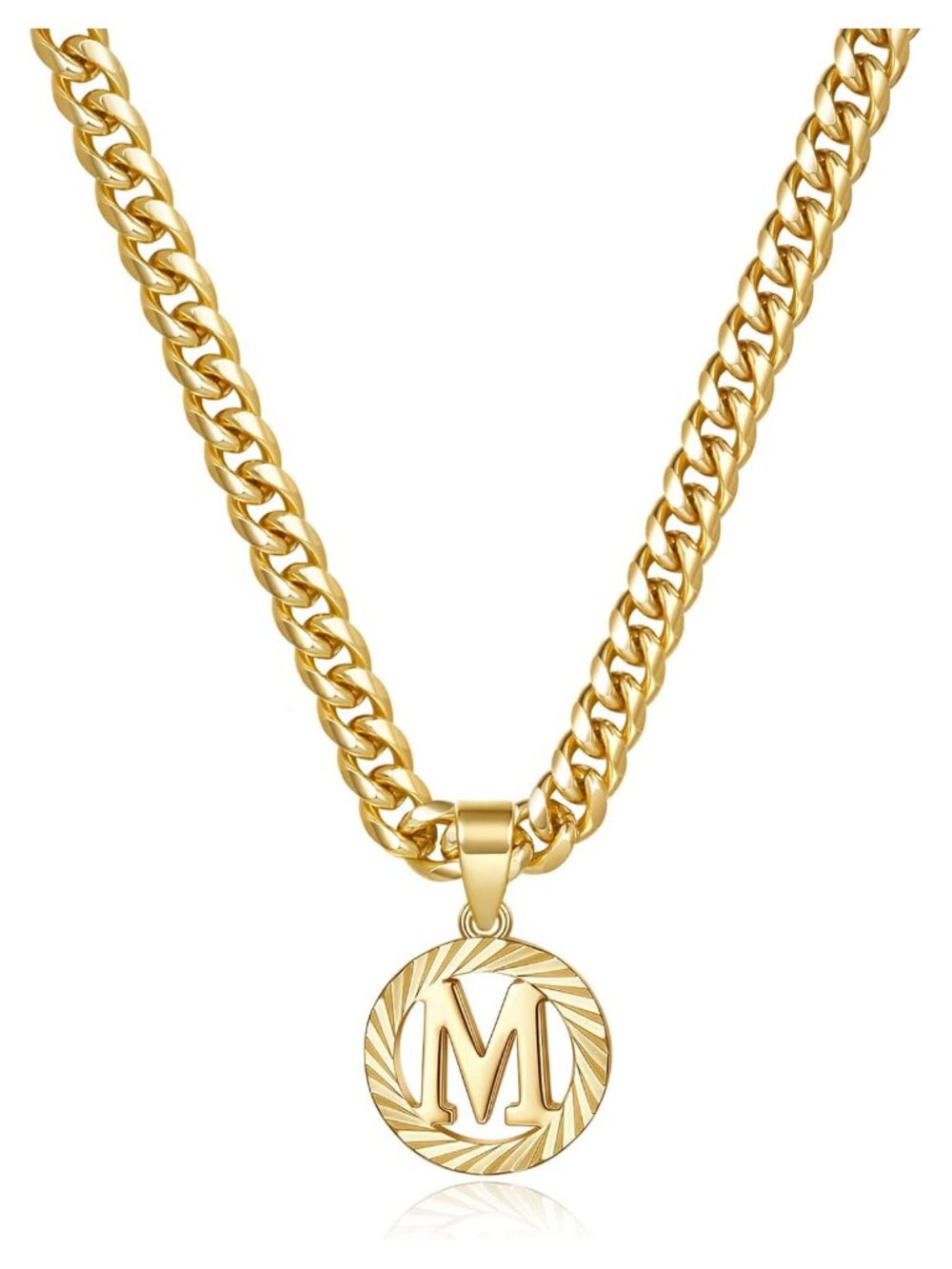 14k Gold Plated Initial M Pendant Cuban Chain Necklace Stainless Steel